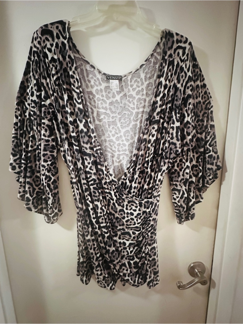 VENUS Black and Gray Leopard Print V-Neck Blouse with Flutter Sleeves